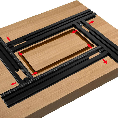 Pro Grade Saw Guide Rail With Adjustable Support Bracket on workbench showing aluminum track and adjustable setup.