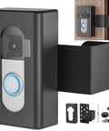 No Drill Anti Theft Video Doorbell Mount For Apartment Rentals Inward Swing Bracket Fits Video Doorbell 4/3/3 Plus/2/1 2021 2023 Release Black Easy Install Keeps Your Doorbell Safe From Theft Suitable For Doors 0.59-2.36 Inches Thick, shown with included mounting accessories