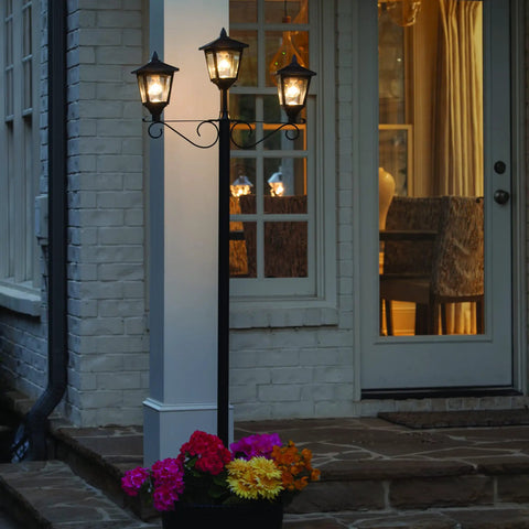 Outdoor Solar Lamp Post With Triple Head LED Lanterns And Planter Base Black Sun Powered Light For Yard And Garden Decor