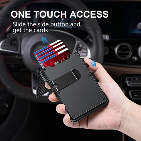 Smart Wallet For Men With AirTag Slot And RFID Blocking Minimalist Pop Up Aluminum Bifold Card Holder For 12 Or More Cards With ID Window Carbon Fiber Look A Dope Gift For Him shown in hand, displaying card access feature.