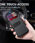 RFID Blocking Minimalist Bifold Wallet With Pop Up Aluminum Card Holder For 12 Plus Cards And ID Window For Men Carbon Blue Gift For Men AirTag Not Included EDC Ready in use, showing card access in car