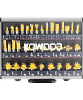 Thirty Five Piece Router Bit Set With One Half Inch Shank Tungsten Carbide Bits In Aluminum Storage Case visible in display case