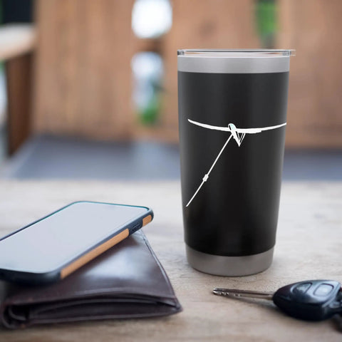 Winch Tow Glider Themed Stainless Steel Insulated Tumbler For Sailplane Lovers Who Live For Takeoffs And Soaring Keeps Coffee Hot And Drinks Cold On The Go A Must Have For Pilots And Aviation Fans on wooden table with phone and wallet