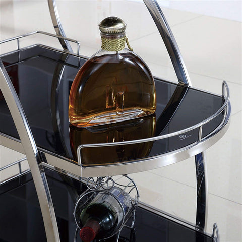 Sturdy Kick Back Kitchen Wine Storage Cart With Heavy Duty Smooth Roll Swivel Casters And Adjustable Leveling Feet Multi Tier Glass Serving Trolley For Party Prep Days showcasing a glass bottle and wine on a black tier.