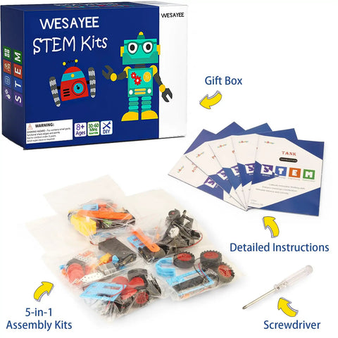 Five In One Robotics Kit For Kids Aged 8 To 12 with box, assembly kits, instructions, and screwdriver.