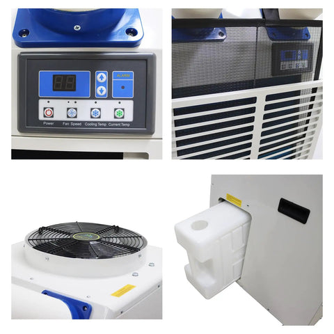 Heavy Duty Commercial Portable Air Conditioner With Massive 14L Tank Delivers Non Stop Cooling For Shops Hospitals And Outdoor Events Industrial Spot Cooler That Kills The Heat And Keeps You Dry control panel and fan.