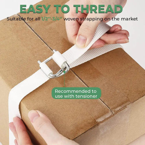 Kickass 100 Pack Three Quarter Inch Steel Wire Buckles For Woven Cargo Straps used on a box with white strap, easy threading demonstration.