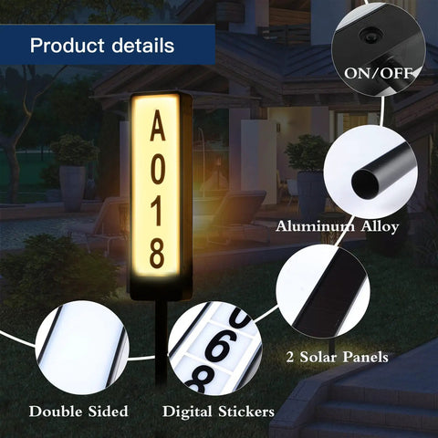 Dual Sided Solar Address Plaque With LED Lights, Outdoor Weatherproof Address Sign On Stakes showing A018 illuminated