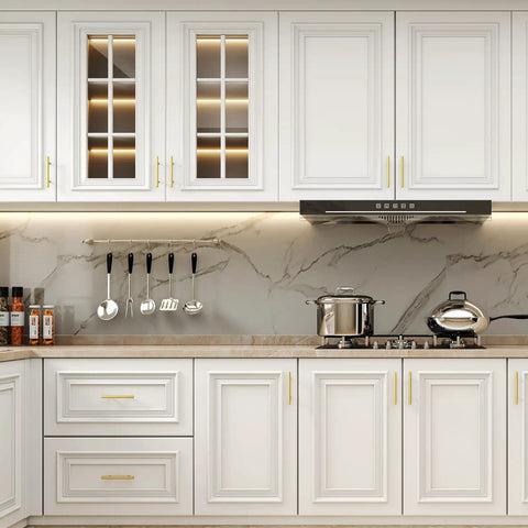 White kitchen cabinets with 50 Pack Brushed Brass Cabinet Pulls 3 3/4 Inch Long, Satin Gold Kitchen Drawer Handles installed.