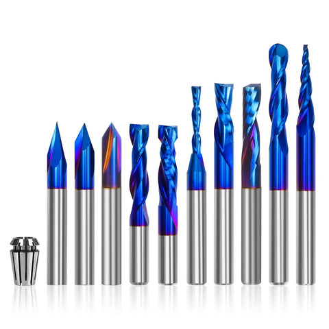 10 Piece CNC Router Bit Set One Quarter Inch Shank Pro Grade Carbide Bits For Woodworking Detailing Carving Trimming Engraving Slotting V Groove Mortise And More Plus ER11 High Precision Collet.