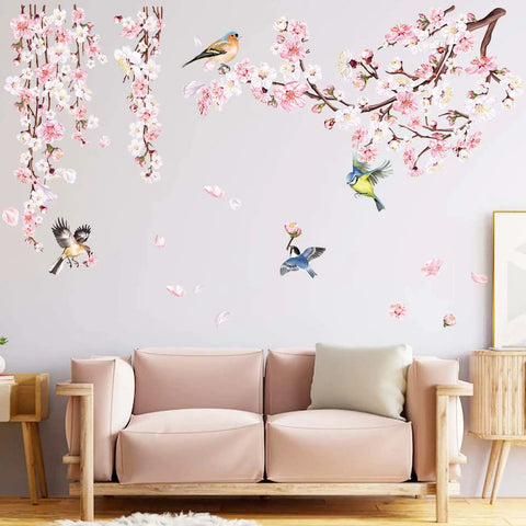 Cherry Blossom Branch Wall Stickers With Pink Flowers And Birds For Bedroom Living Room TV Wall Decor Waterproof Peel And Stick Vinyl Decals For Smooth Surfaces Easy Removable And Reusable Home Accent in a living room