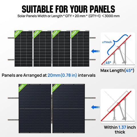 Heavy Duty Adjustable Ground Mount Bracket Kit for Solar Panels, showing panel arrangement and dimensions for installation