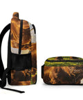Side view of Dope Long Horn Brown Bull Print Backpack For Unisex Use Large Capacity Daypack Durable Polyester Travel School Work Bag