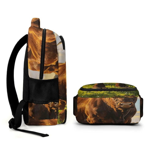 Side view of Dope Long Horn Brown Bull Print Backpack For Unisex Use Large Capacity Daypack Durable Polyester Travel School Work Bag