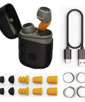 True Wireless Earbuds With 31 dB Noise Reduction, Bluetooth Headphones, charging case, ear tips, and charging cable
