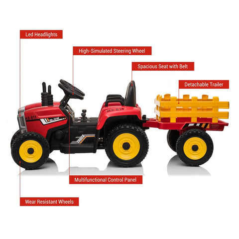 Side view of 12V Kids Ride On Tractor With Trailer And Remote Control, 5 MPH Speed, Red Electric Tractor For Toddlers