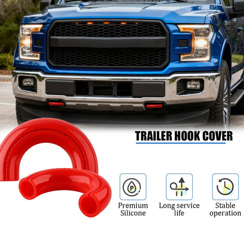 Two Pack Front Tow Hook Covers For Ford F-150 2004-2025 Front Bumper OEM Style Red Replacement Accessories That Snap In Easy And Keep Your Truck Looking Sharp showing red tow hook covers on a blue truck.