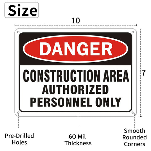 2 Pack Danger Construction Area Authorized Personnel Only Signs 10 By 7 Inches Premium Aluminum Reflective, size view