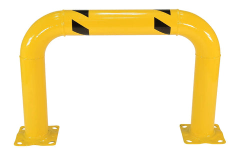 High Profile Machinery And Rack Guard 36 Inch By 24 Inch By 4 Inch Steel With Powder Coat Yellow Beefed Up Protection For Personnel And Equipment Pre Drilled Mounting Holes For Easy Lag Down Industrial Safety Guard, yellow steel guard front view