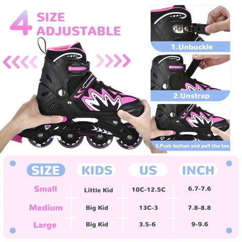 Cool Adjustable Kids Inline Skates With Full Light Up Wheels For Girls And Boys, demonstrating size and adjustment features