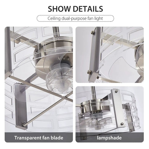 Close-up of Ceiling Fan With Lights And Remote, 4-Light LED Chandelier Fandelier with brushed nickel finish and transparent fan blades