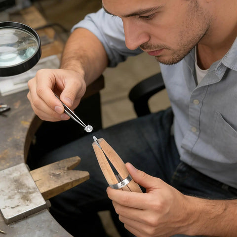 Jeweler using Wooden Ring Clamp With Leather Jaws And Dope Wedge Lock For Easy Ring Setting And Jewelry Making Handy Tool.