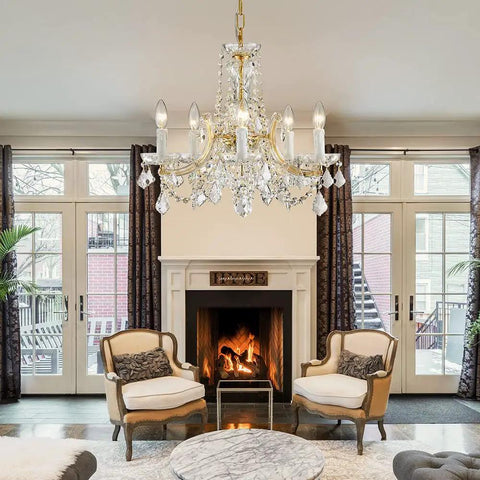 Glam Crystal Chandelier In Gold Finish With 5 Lights, Maria Theresa Style K9 Crystals, 20 Inch Diameter By 18 Inch Height