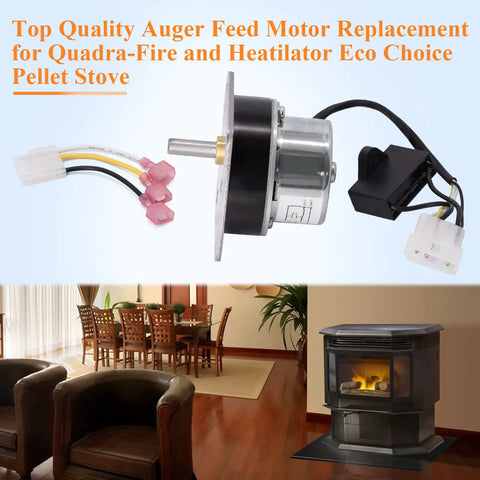Auger Feed Motor Replacement 812-4421 Easy Swap Direct Fit For Quadrafire Classic Bay 1200 Castile Mt Vernon Santa Fe Pellet Stoves And Heatilator CAB50 PS35 PS50 motor beside cozy living room setup with pellet stove.