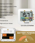Handy Portable CO2 Monitor And Indoor Air Quality Tracker With Dead On Temperature Humidity Readings Foldable Stand Color Sound Alerts White Battery No Fuss Vibe Check Gadget displaying CO2, temperature, and humidity readings.