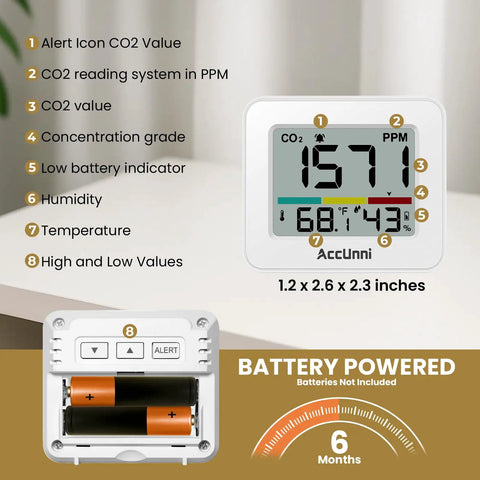 Handy Portable CO2 Monitor And Indoor Air Quality Tracker With Dead On Temperature Humidity Readings Foldable Stand Color Sound Alerts White Battery No Fuss Vibe Check Gadget displaying CO2, temperature, and humidity readings.