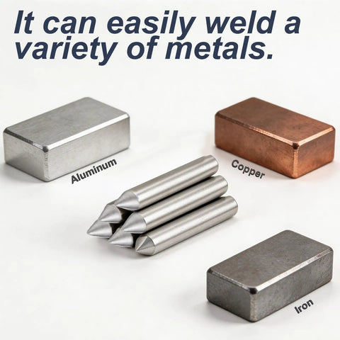 Low Temperature Flux Core Welding Rods Kit with aluminum, copper, and iron samples for universal metal repair, no torch needed.