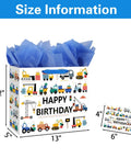 Construction Birthday Gift Bags For Boys With Tissue Paper And Greeting Card 13 Inch Vehicle Theme Trucks Excavators And Cranes