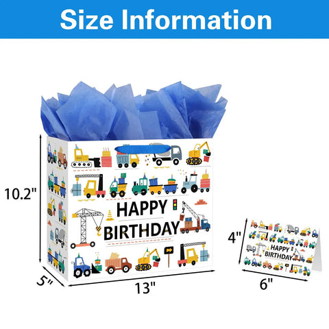 Construction Birthday Gift Bags For Boys With Tissue Paper And Greeting Card 13 Inch Vehicle Theme Trucks Excavators And Cranes