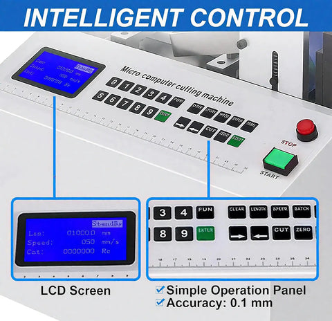 Automatic Heat Shrink Tube Cutting Machine For Cable Applications Adjustable Width And Thickness 100Mm Capacity High Precision Cuts Up To 180Mm control panel with LCD screen and buttons.
