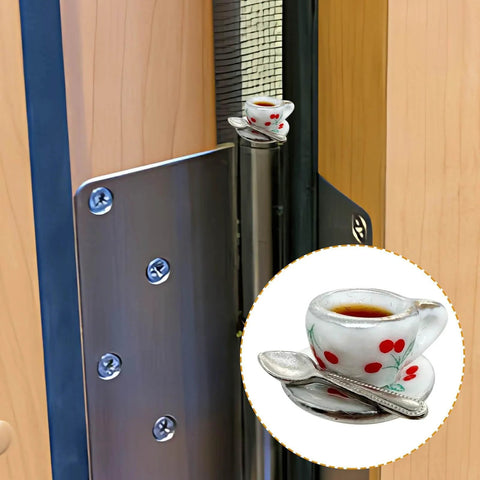 Installed Six Pack Tea Cup Door Hinge Heads Decorative Toppers Set For Unique Home Kitchen Decor with cherry design.