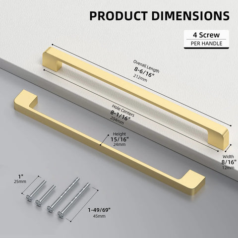10 Pack 8 Inch Brushed Brass Cabinet Pulls Solid Zinc Alloy Handles For Kitchen Cabinets And Drawers dimensions with screws shown