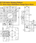 ZCT130 Hollow Rotary Index Platform diagram for 14mm shaft 60mm flange servo motor dimensions and layout, showcasing precision design.