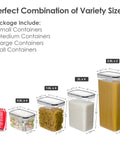 Variety of Airtight Food Storage Containers Set, 14 Piece Kitchen Canisters For Flour Sugar Cereal illustrated with sizes.