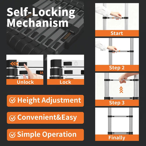 12.5 Ft Telescoping A Frame Ladder for Home Roof and RV Use, Heavy Duty Go To Step Ladder With EN131 Safety Certification, Supports Up To 330 Lbs, self-locking height adjustment shown