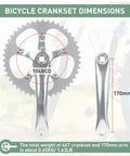 Beefed Up Bike Crankset And Arm 46T Steel Chainring 170mm Aluminum Alloy Arm 104BCD Single Piece dimensions and features chart