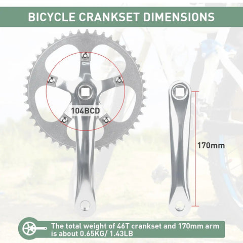 Beefed Up Bike Crankset And Arm 46T Steel Chainring 170mm Aluminum Alloy Arm 104BCD Single Piece dimensions and features chart