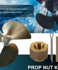 Brass Prop Nut Kit For Inboard Boats That Fits One Inch And One Eighth Inch Shafts shown with propeller, cotter pin, and key.