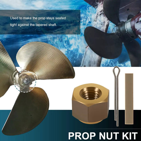 Brass Prop Nut Kit For Inboard Boats That Fits One Inch And One Eighth Inch Shafts shown with propeller, cotter pin, and key.