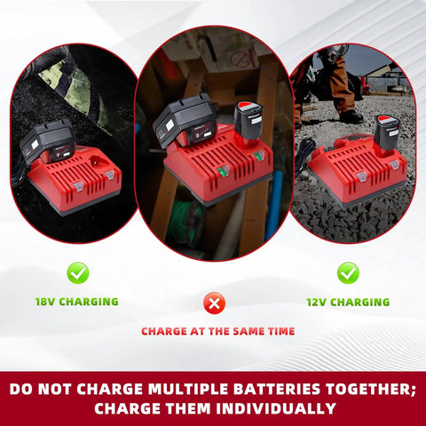 Dual Voltage Rapid Charger for 12V and 18V Lithium Ion Batteries showing charging modes and usage instructions