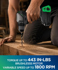 20V Brushless Cordless Drill Driver With 2.0Ah Battery drilling into wood, showcasing 443 in-lbs torque and brushless motor.