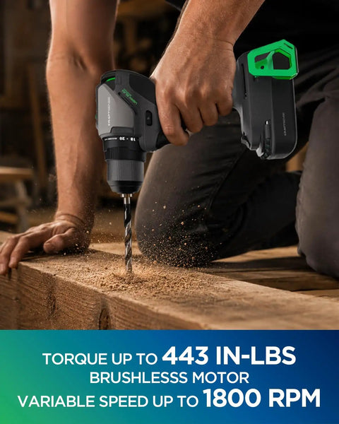 20V Brushless Cordless Drill Driver With 2.0Ah Battery drilling into wood, showcasing 443 in-lbs torque and brushless motor.
