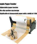 Heavy Duty Honeycomb Paper Dispenser And Packaging Feeder With Adjustable Tension And Stretching Device For Smooth Roll Action Straight Fire Performance For Fast Box Taping showing paper roll and packaging.