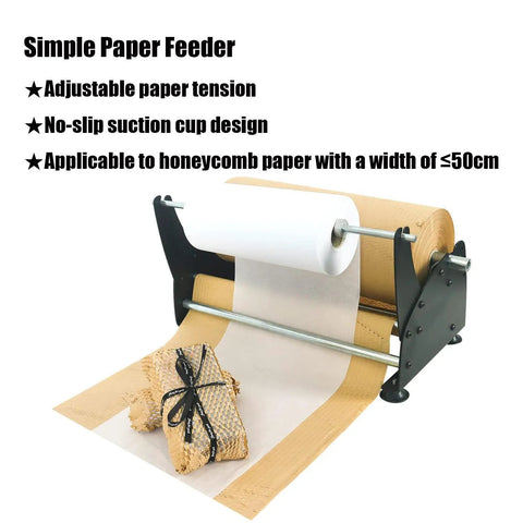 Heavy Duty Honeycomb Paper Dispenser And Packaging Feeder With Adjustable Tension And Stretching Device For Smooth Roll Action Straight Fire Performance For Fast Box Taping showing paper roll and packaging.