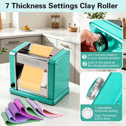 Heavy Duty Electric Polymer Clay Press Machine with Seven Adjustable Thickness Settings And Rust Resistant Stainless Steel Rollers For Smooth One Touch Operation, teal clay roller with adjustable dial and yellow clay