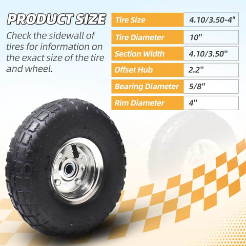 4 Pack 10 Inch Tough As Nails Replacement Tire And Wheel For 4.10/3.50-4 With 10 Inch Inner Tube, 5/8 Inch Axle Bore, offset hub